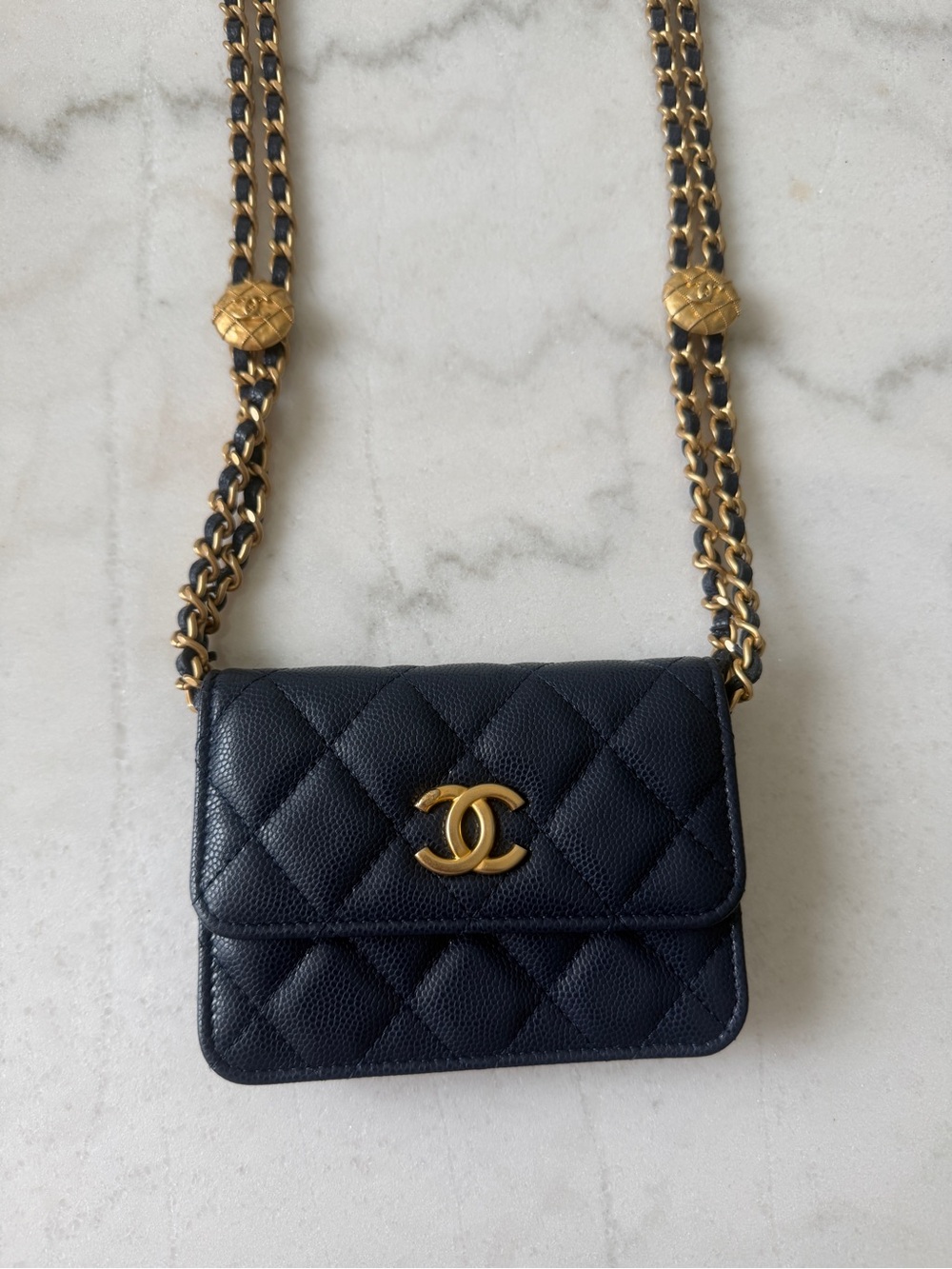 CHANEL Navy Quilted Caviar Mini Crossbody with Gold Hardware